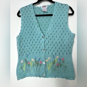 Vintage Cottagecore Floral Crochet Eyelet Sweater Vest Scalloped Hem Twee Boho